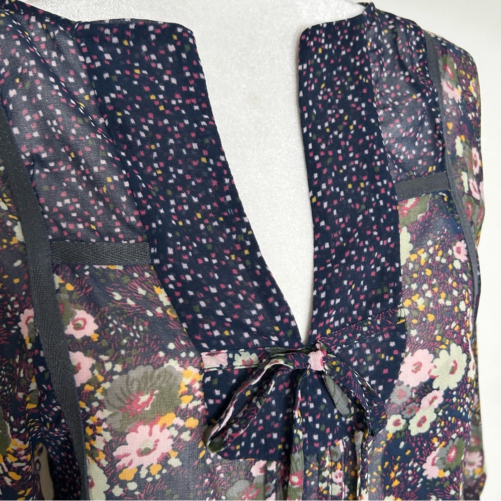 ZARA Womens Navy Blue Floral Chiffon Front Tie Top Balloon Sleeve Size XS/ S - Picture 3 of 10